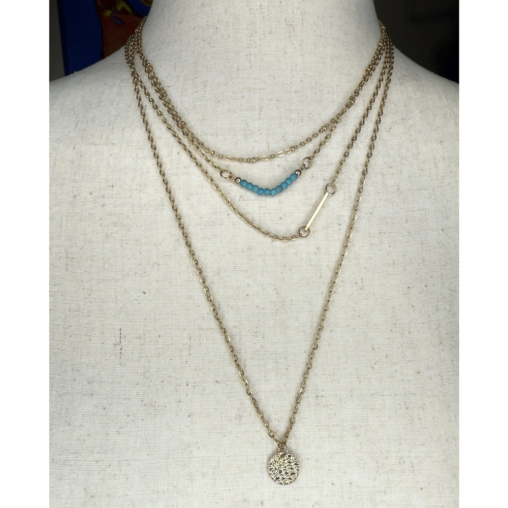 Jules Smith Gold Tone Multi-Strand Necklace Boho Turquoise Hammered Pendant0